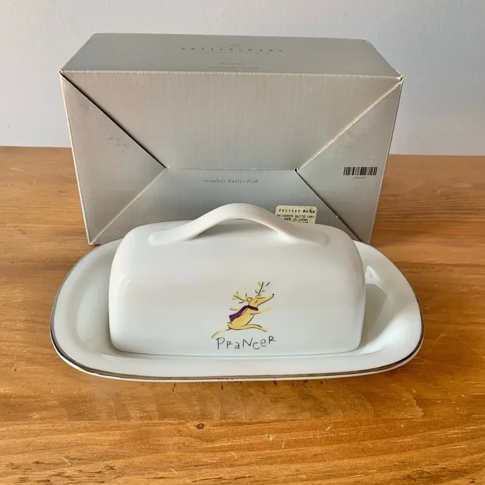 Pottery Barn Reindeer Prancer Butter Dish Serving Buffet Christmas Porcelain EUC
